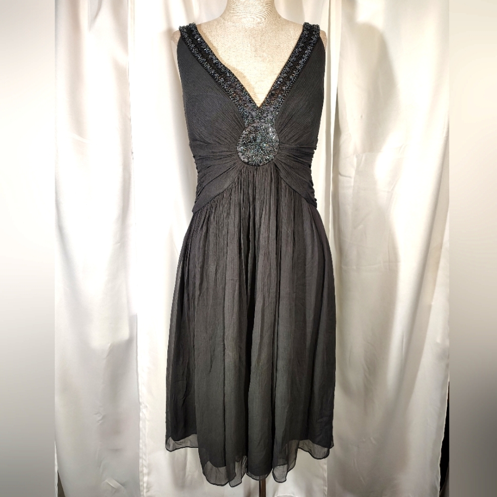 Maggie London Silk Formal,Pleated+Beaded V- Neck/Sleeveless, Gray, Crepped, 10